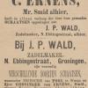 Advertentie 1885 schaatsenmaker C. Ernens, Groningen